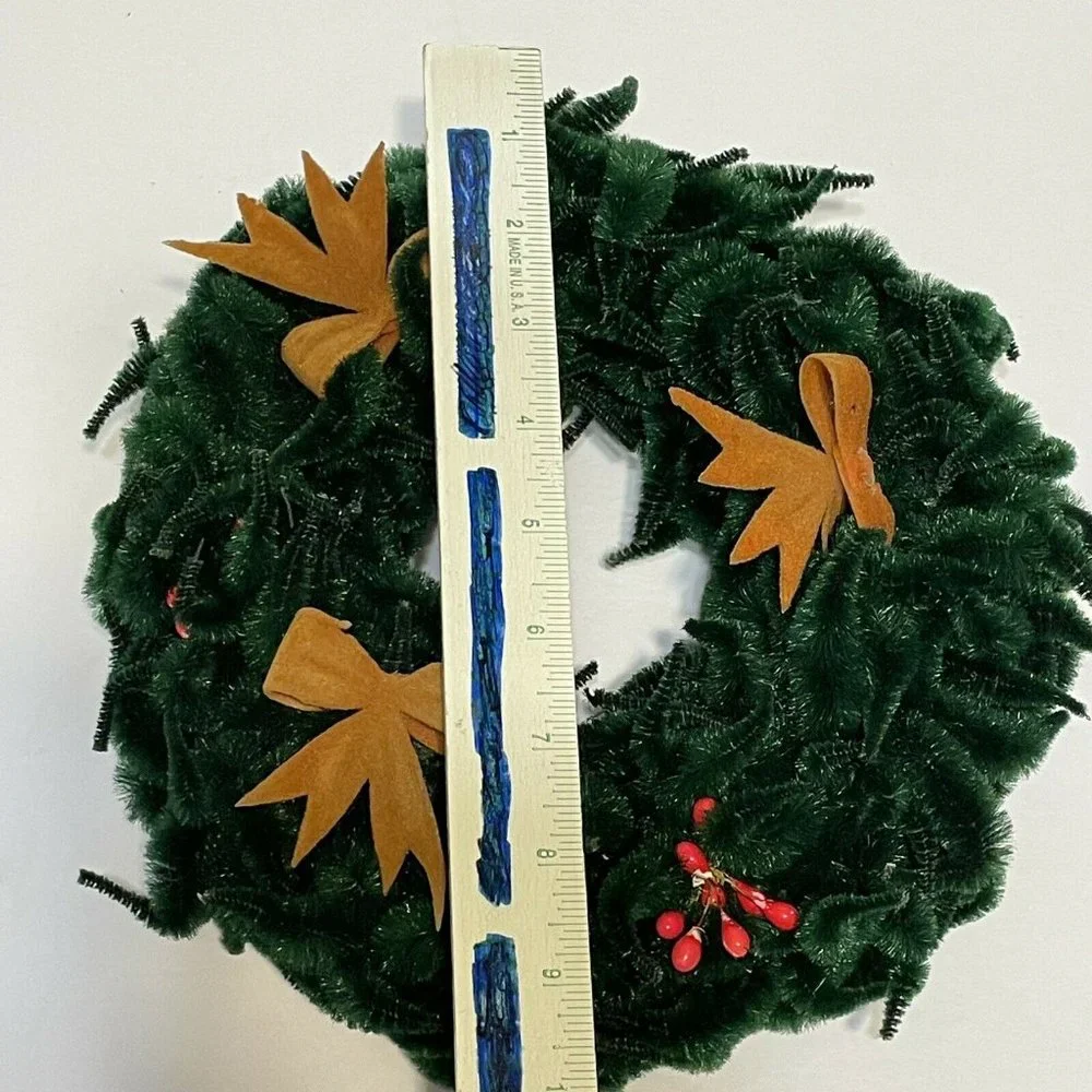 vintage green chenile christmas wreath Decor Gold bows berries